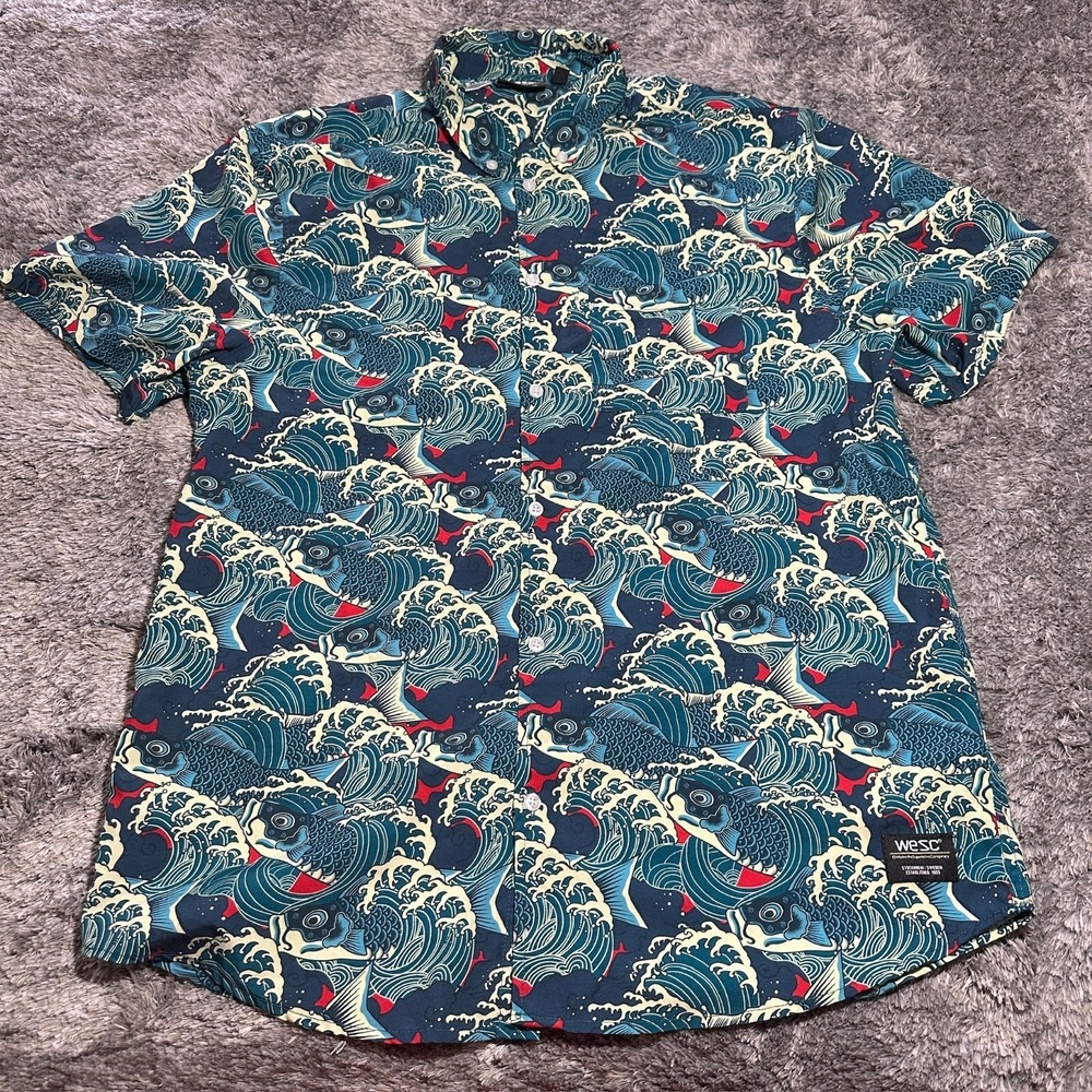 WeSC Men's L Short Sleeve Oden Koi Fish AOP Japanese Pattern Multicolor Shirt